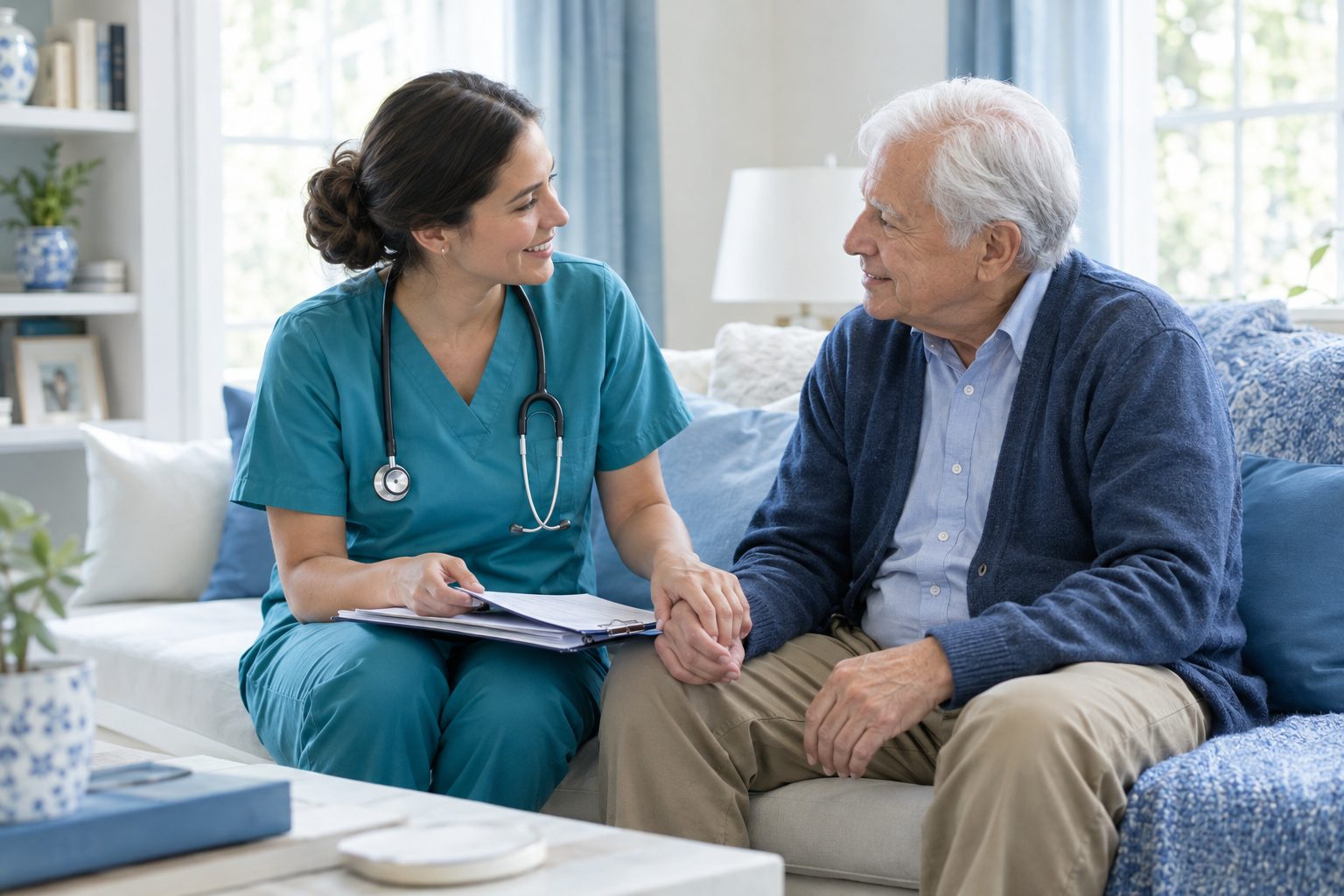A Remshad nurse holding hands with an elderly client at home