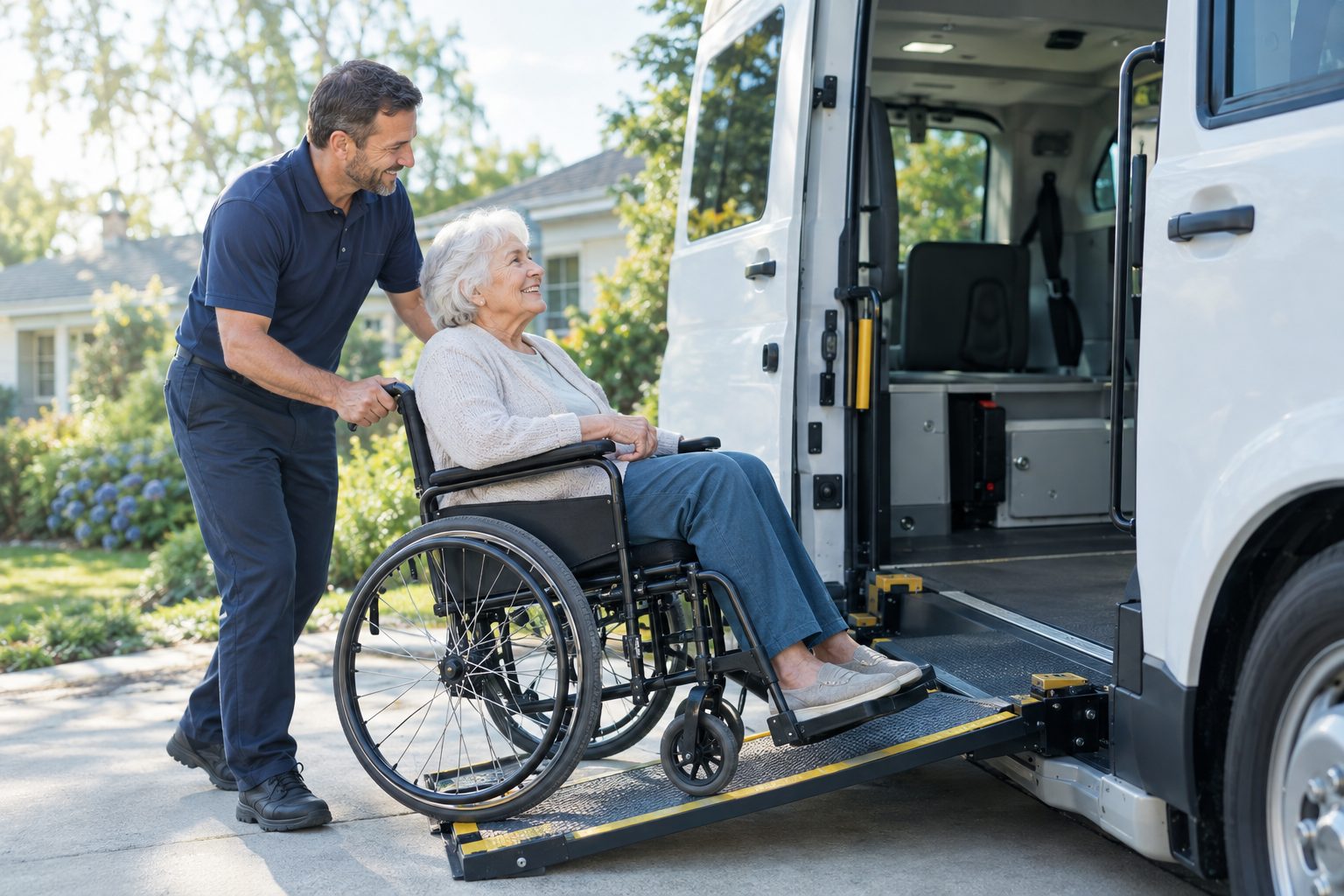 A Remshad driver assisting a smiling senior in a wheelchair into an accessible van
